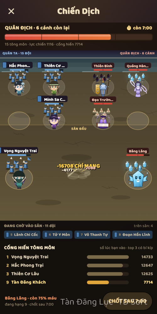 Campaign — two queues, the arena below, enemy HP overhead
